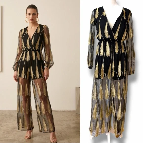 Vintage 90s LAN Classic Metallic Gold 3D Feather Mesh Maxi Romper Festival Glam - Picture 2 of 9